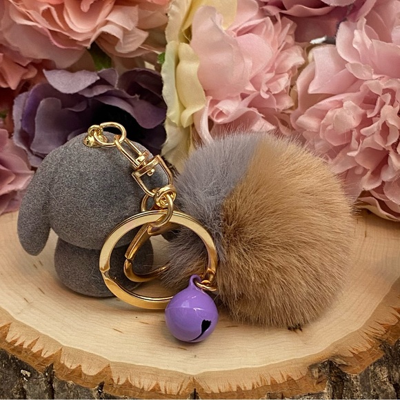 Gray Felt Bunny Rabbit Charm with Gray Pom Pom Keychain - Picture 11 of 11